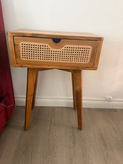 Mid-Century Wood and Rattan Nightstands (Two)