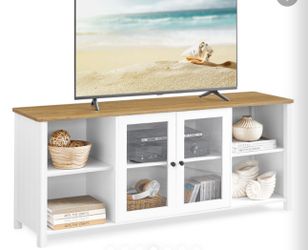 TV Stand for TVs up to 65 Inches,TV Cabinet with Open Shelves,Closed Cabinet,Glass Doors,Rustic White and Heather Greige