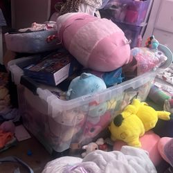 Bucket Of Stuffies And Kids Toys 