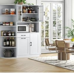 Kitchen Pantry Cabinet w/Tilt-Out Trash Storage & 5-Tier Side Shelves, Freestanding Huntch w/Microwave Stand, Glass Door & Adjustable Shelves,Cupboard