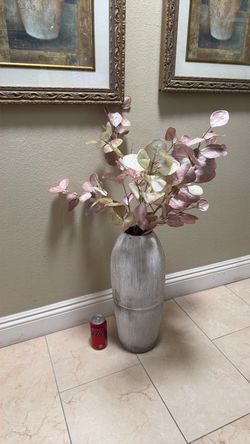 Tall Silver Floor Vase with Faux Eucalyptus
