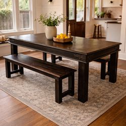 Antique Gothic Pine Dining Table 2 Benches | Craftsman | Farmhouse Vintage | Solid Wood | Refinished