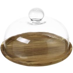 MyGift 8 Inch Clear Glass Dessert Cake Plate & Cheese Cloche Dome With Acacia Wood Serving Tray.