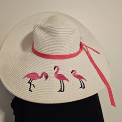 $15.00 - Straw Hat By Jacobson Hat Co. - Flamingos Design Accent!