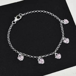 Simulated Pink Diamond Heart Charm Bracelet in Sterling Silver 