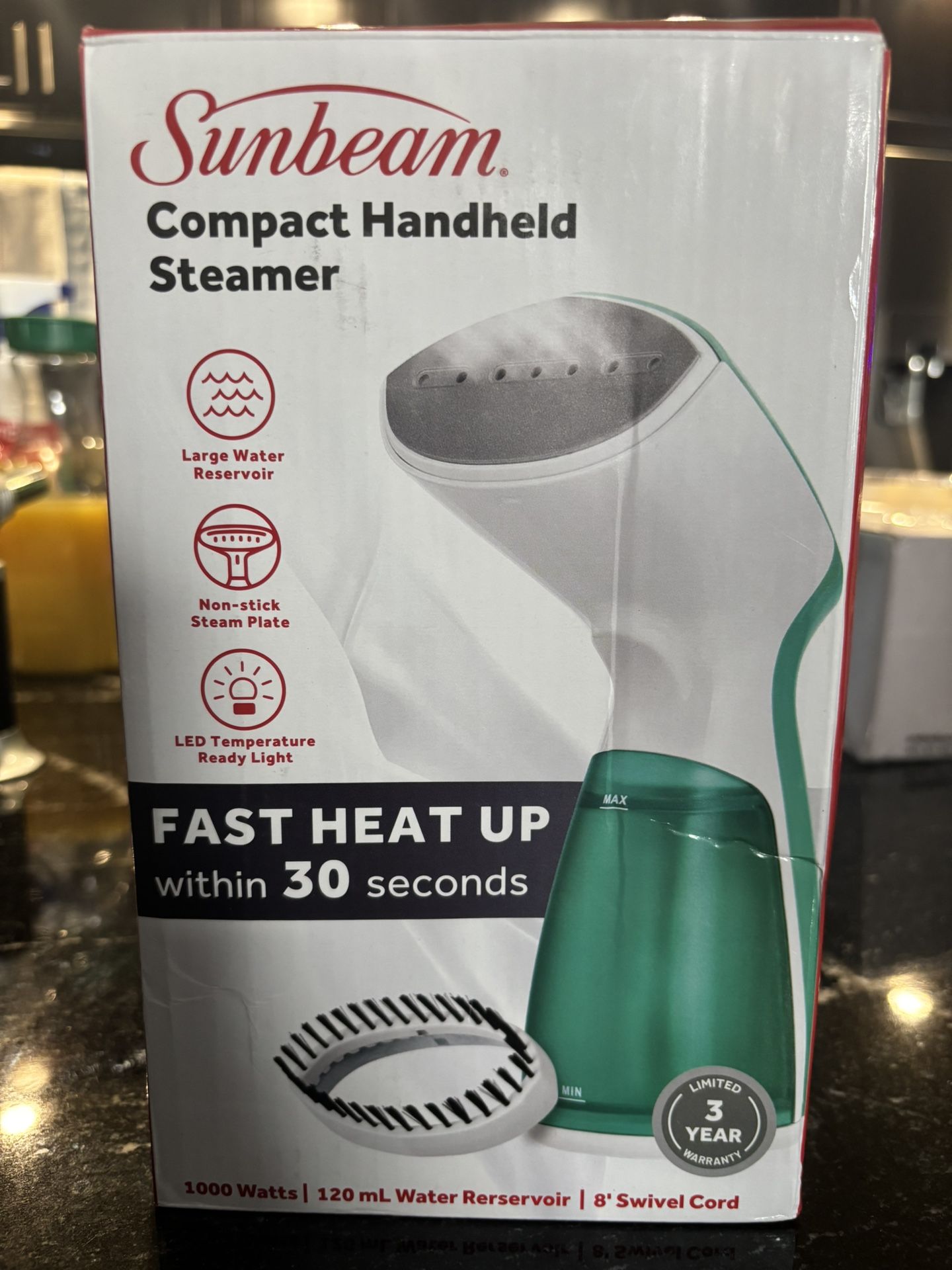 Sunbeam 1100W Steam Burst Handheld Steamer for Clothes, Dual Steam Settings, 30-Second Fast Head-Up, Bristle Brush Attachment,