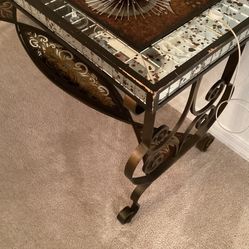 Entry Table Mirrored Edges , scrolled. , Burnished Gold Metal Frame