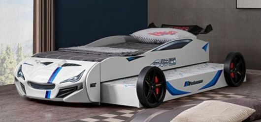 Brand New White Twin Size Race Car Design Bed w Trundle Bed