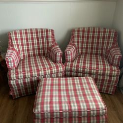 2 Red Plaid Vintage Chairs Plus Ottoman Excellent Condition 