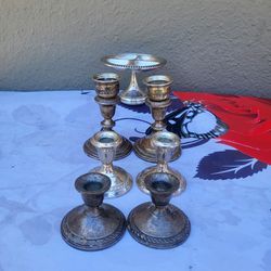 7 Sterling Silver Weighted Candleholders  and Candy Plate