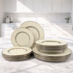 Lenox Springdale Platinum Trim Dinner Salad Plates Soup Bowls USA China 18 Set