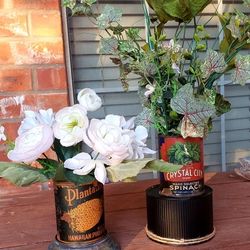 1950s MCM Spinach & Pineapple Cans with Floral Arrangements  $35 for Both 