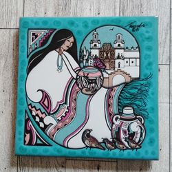 Navajo Woman with Pots and Quails 6" Trivet / Wall Tile Decor ~ Cleo Teissedre