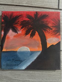 2020 Original Sunset Painting - Palm Trees Silhouette Signed Canvas