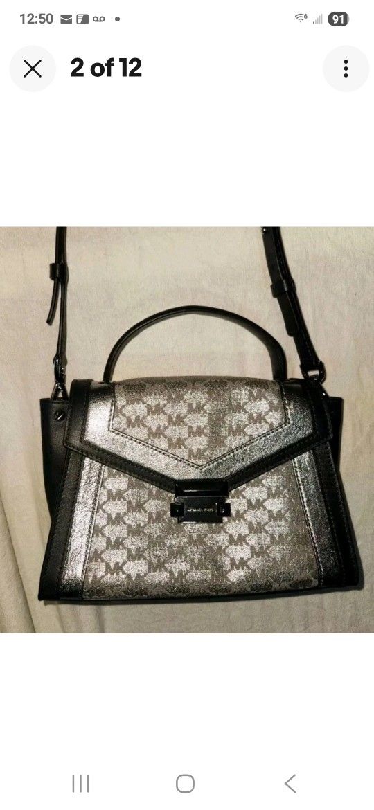 Michael Kors Handbag Whitney Black Silver Flap Shoulder Bag Studs Metalic Travel