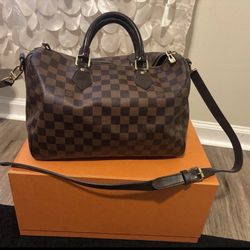 Louis Vuitton Damier Ebene Canvas Speedy Bag with Strap