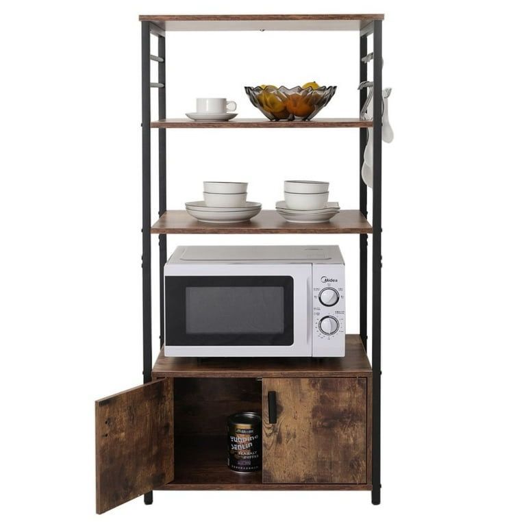 Baker's Rack for Kitchen with Storage & 8 Hooks, 4 Tier Kitchen Cabinet, Microwave Stand with 3 Storage Shelves, Microwave Cabinet for Livin