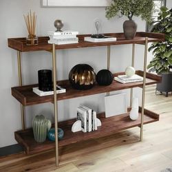 New Martha Stewart Emmett 3 Shelf Storage Display Unit Bookcase with Metal, Walnut Wood Grain