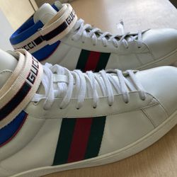 GUCCI Stripe Ace High Top miro soft leather Mens shoes white/multicolor, US 12.5