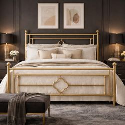 Full bed Metal Platform Bed Frame with Victorian Style Wrought Iron-Art Headboard/Footboard, No Box Spring Required, Gold