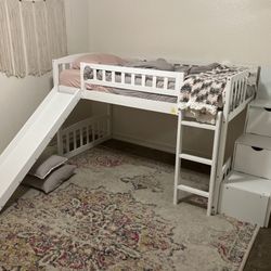 Twin Loft Bed with Slide and Stairs, Wooden Low Loft Bed Frame with Storage