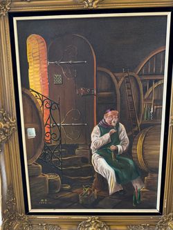 Framed Oil Painting Wine Cellar Scene 1972