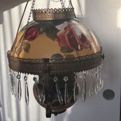 Antique Gas Lamp Converted to Electric – Hand Painted Floral Glass with Crystal Prisms