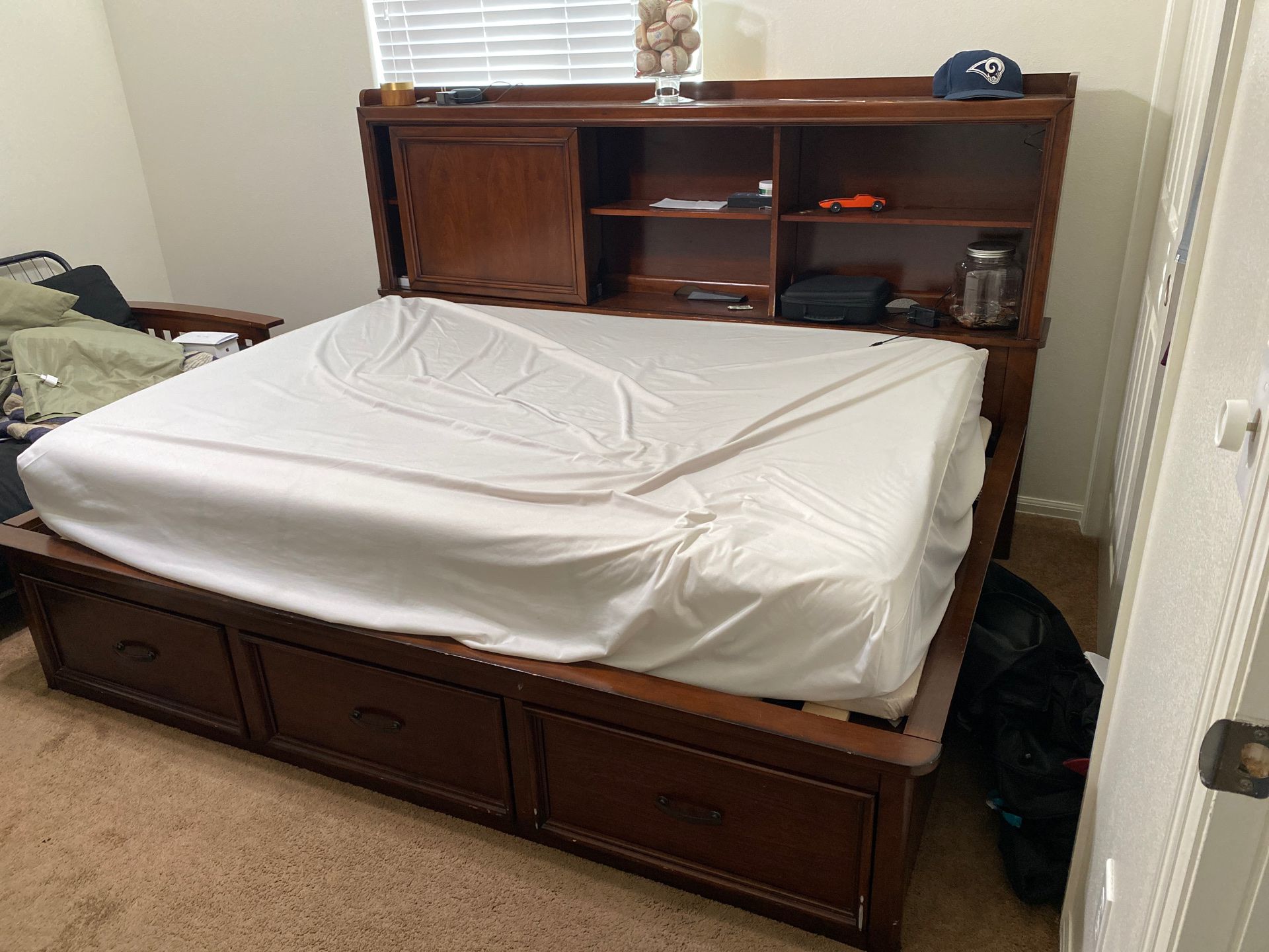 Bed frame with drawers, shelves, lights, plugs , mattress not included