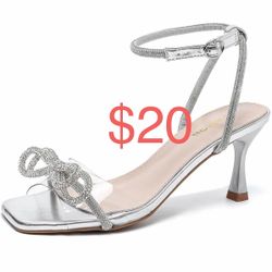 Amoji Women's Kitten Heels 3 Inch Rhinestone Bow Strappy Dress Shoes 336