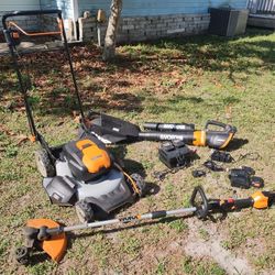 WORX Leaf Blower String Trimmer Lawn Mower Cordless Battery Powered Tools (340) for all 3)