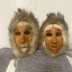 Vintage Eskimo Inuit Alaskan Caribou Skin and Fur Masks Man & Woman Couple