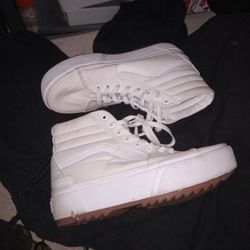White/white Hightop Platform Vans 