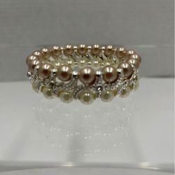 Pearlescent Beaded Bracelet Rhinestone Two Tone Stretch Jewelry With Gift Box