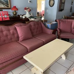 Sofa - Cranberry Color Fabric With Small Blue Print.  Matching Chair Or Separate.