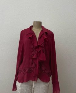 Burgundy Ruffle Front Embroidered Blouse