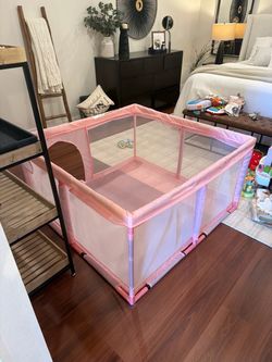 Pink Mesh Baby Playpen with Play Mat and Pull-Up Rings