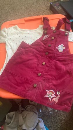 Size 4Disney Toy Story Corduroy Overall Dress featuring character patches like Jessie and Forky in a berry-pink color