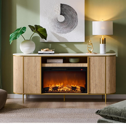 OKD Luxury 70" Fluted Fireplace TV Stand, Modern Chic Entertainment Center for TVs Up to 80 inches, TV Console with Faux Marble Top, Curved Profile De