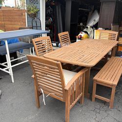 Wood Table w 4 Chairs, Cushions, and a Bench