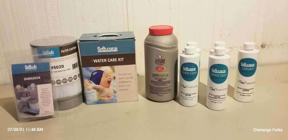 Soft tub HOT TUB Chemicals, Filter, Sock, Water Care Kit, Defoam, Metal Gon, Water Clear LOT