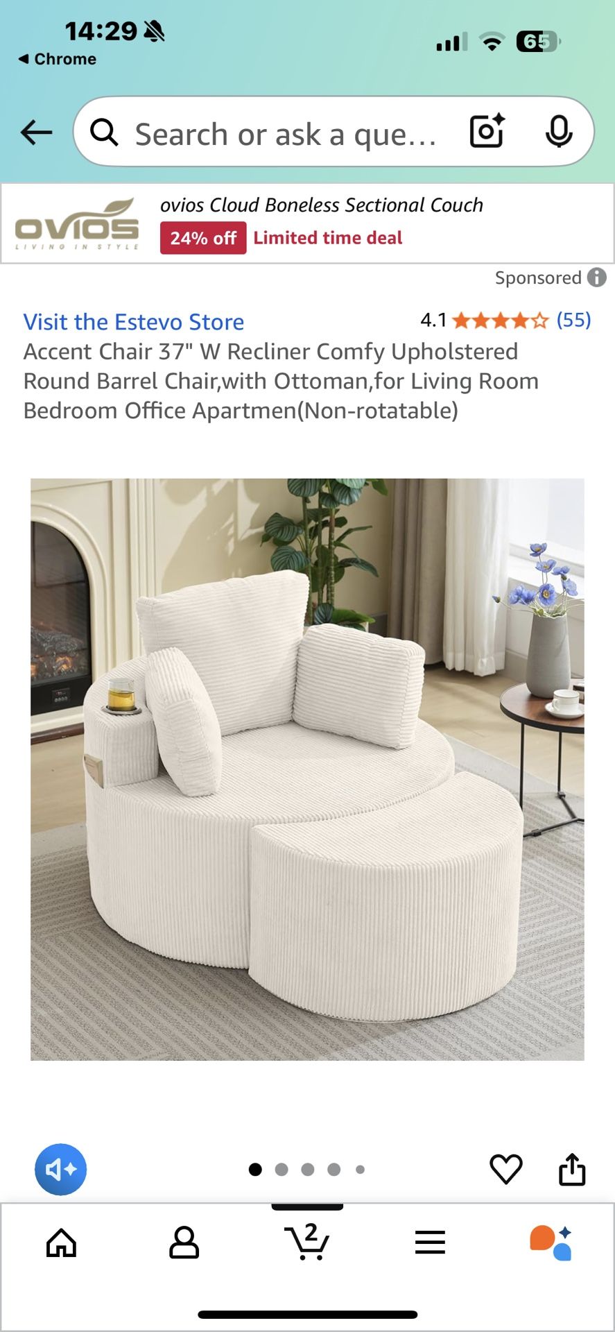 Swivel Accent Chair 37" W Swivel Recliner Comfy Upholstered Round Barrel Chair,with Ottoman,for Livi