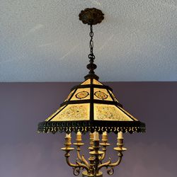 Vintage Brass & Stained Glass Chandelier — 22″ Wide