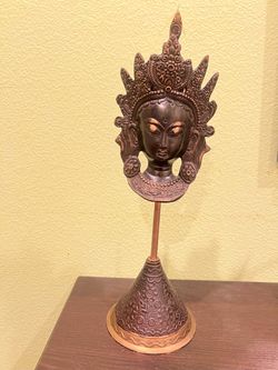 Vintage Tibetan Brass Tara Head On Stand 18”x 7”
