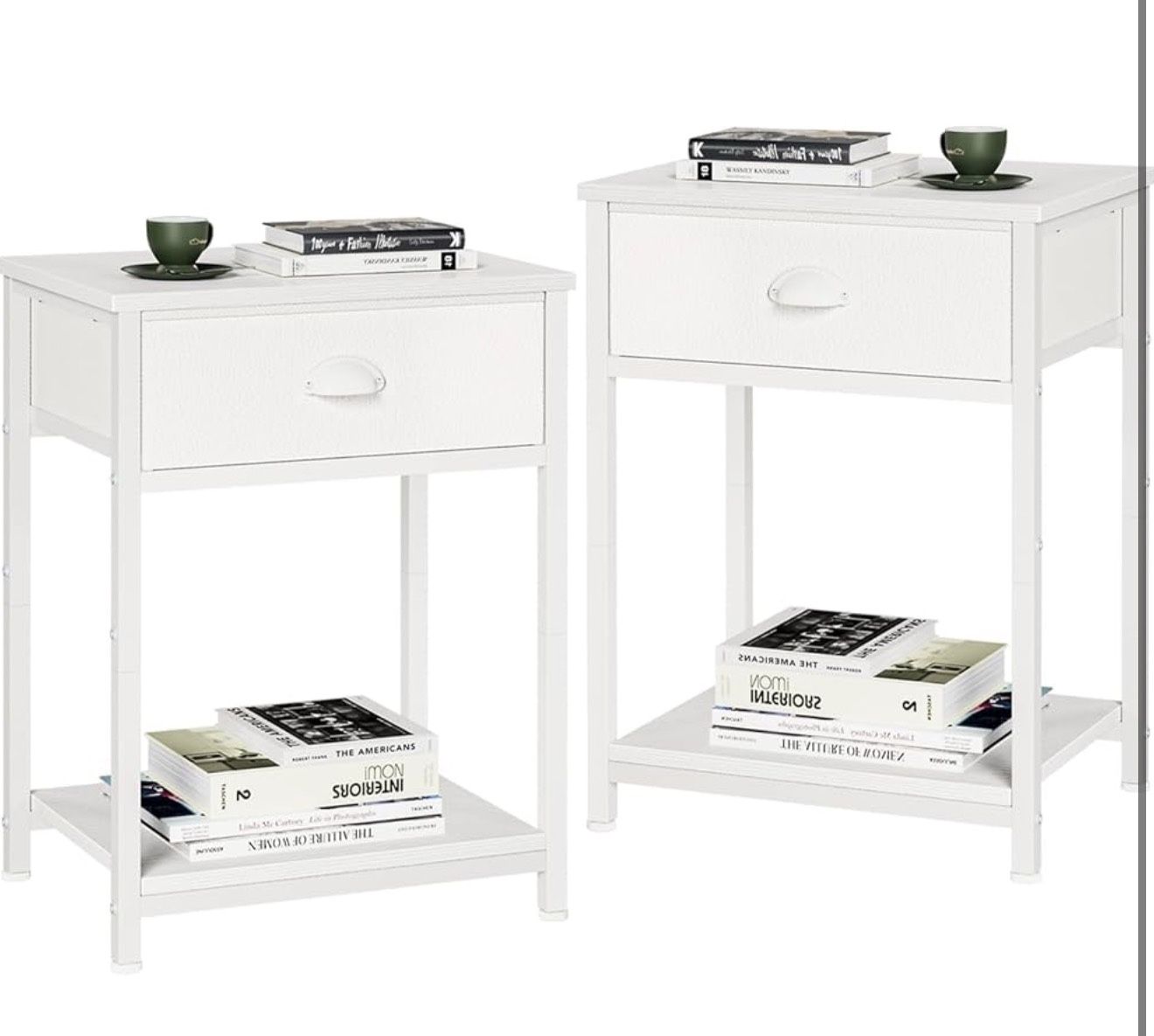 White Nightstands Set of 2, End Table with Fabric Drawer, Small Side Table for Small Spaces, 2 Tiers Storage Shelves End Table, Bedside Table for Livi