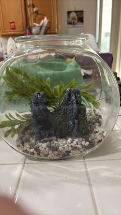 Fishbowl with sealed rocks and plastic plant and an interesting center fake stone