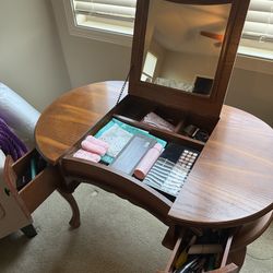 Vintage Wood Flip Top Mirror Make Up Vanity