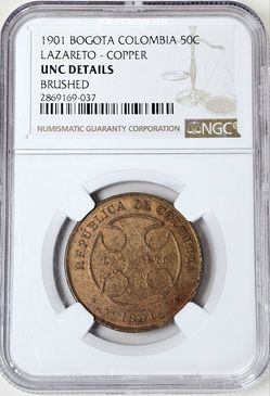 1901 50 Centavos Colombia Leper Colony -NGC UNC Detail (Brushed)- Lazareto NICE!