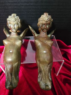 Antique Pair of Bronze Angels 6" Wall Decor Aged Patina
