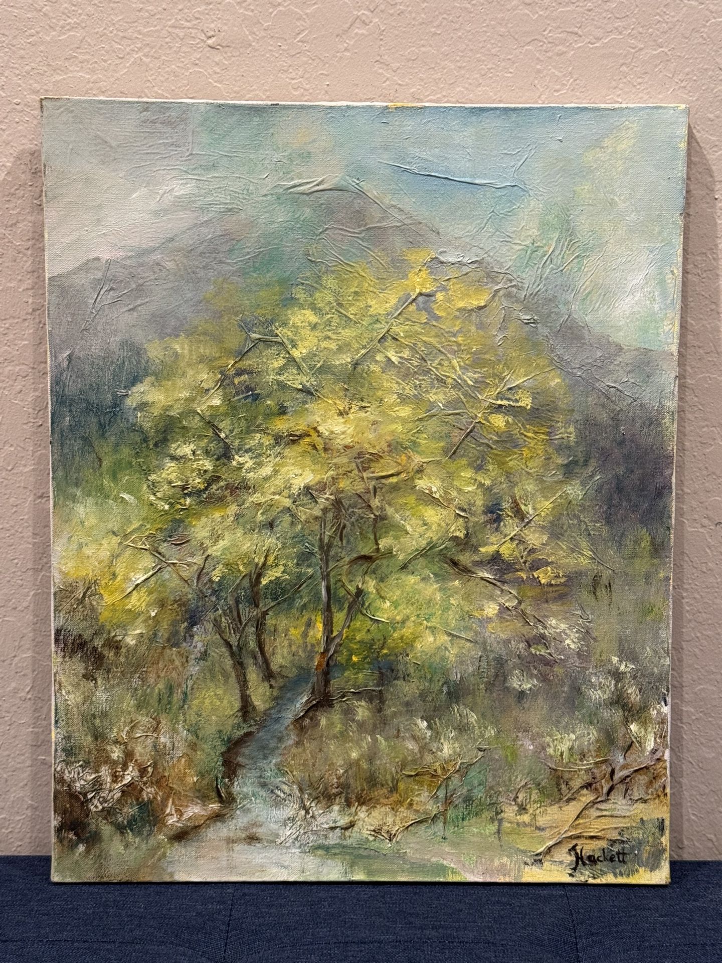 Fantastic Vintage c1980s Impressionist Forest Stream Oil Painting by Hackett