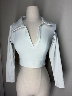 White Activewear Long Sleeve Crop Top with Collar